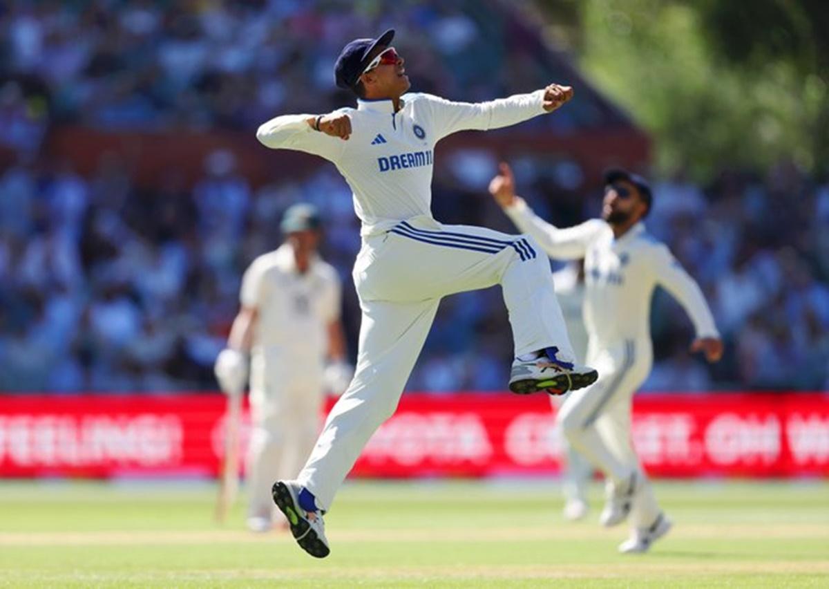 Yashasvi Jaiswal breaks into celebration after taking a superb catch at gully to dismiss Marnus Labuschagne.