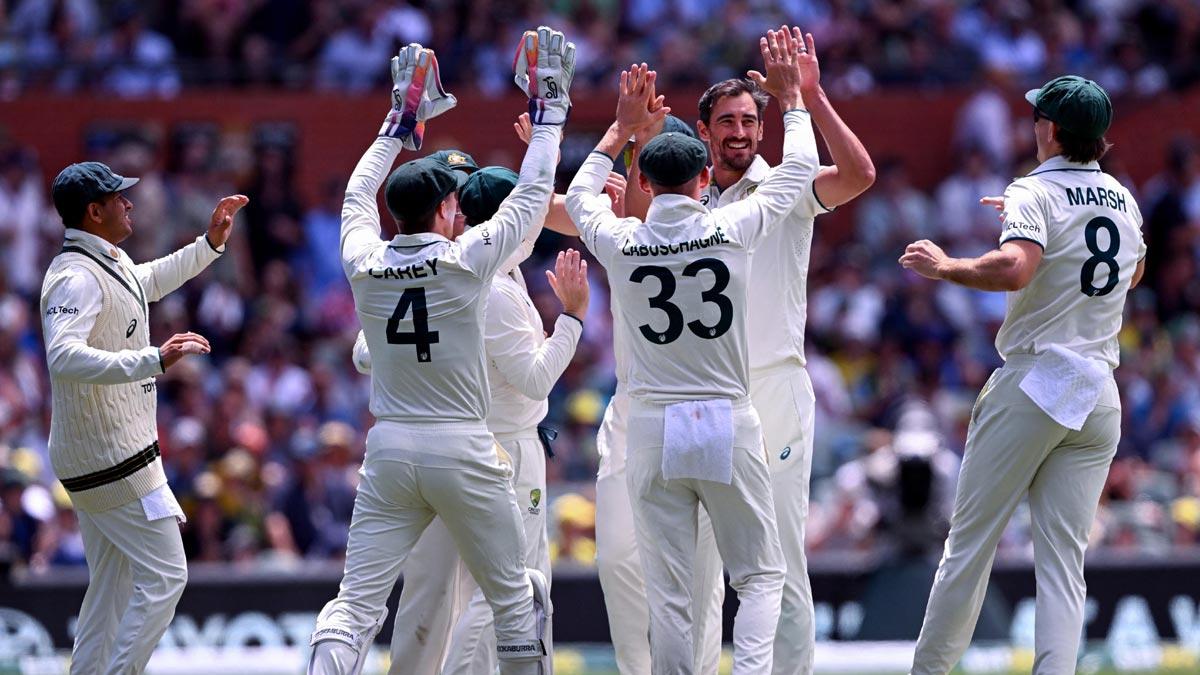 Australia's players celebrate a wicket