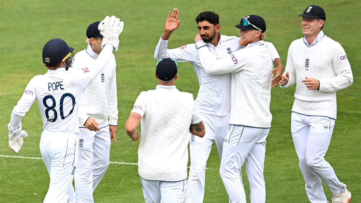 Spinner Shoaib Bashir gets a hug from Ben Stokes after ending Tom Blundell's 102-ball 115 knock. 