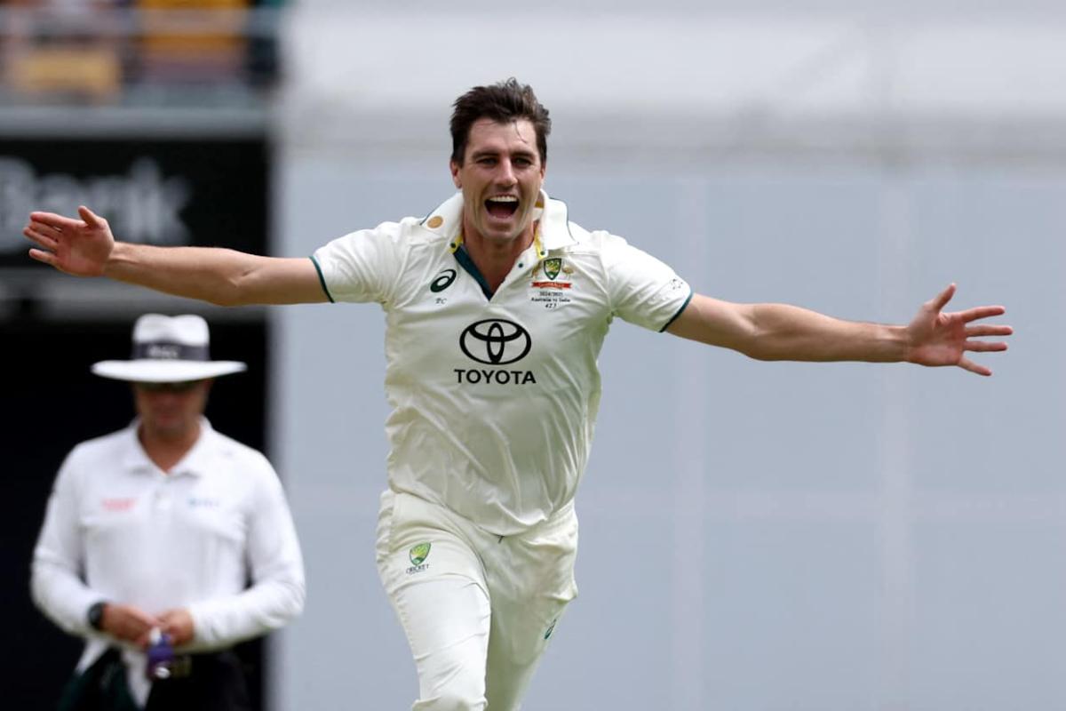 Australian captain Pat Cummins celebrates on defeating Rishabh Pant on Day 3 of the 3rd Test at The Gabba in Brisbane on Monday