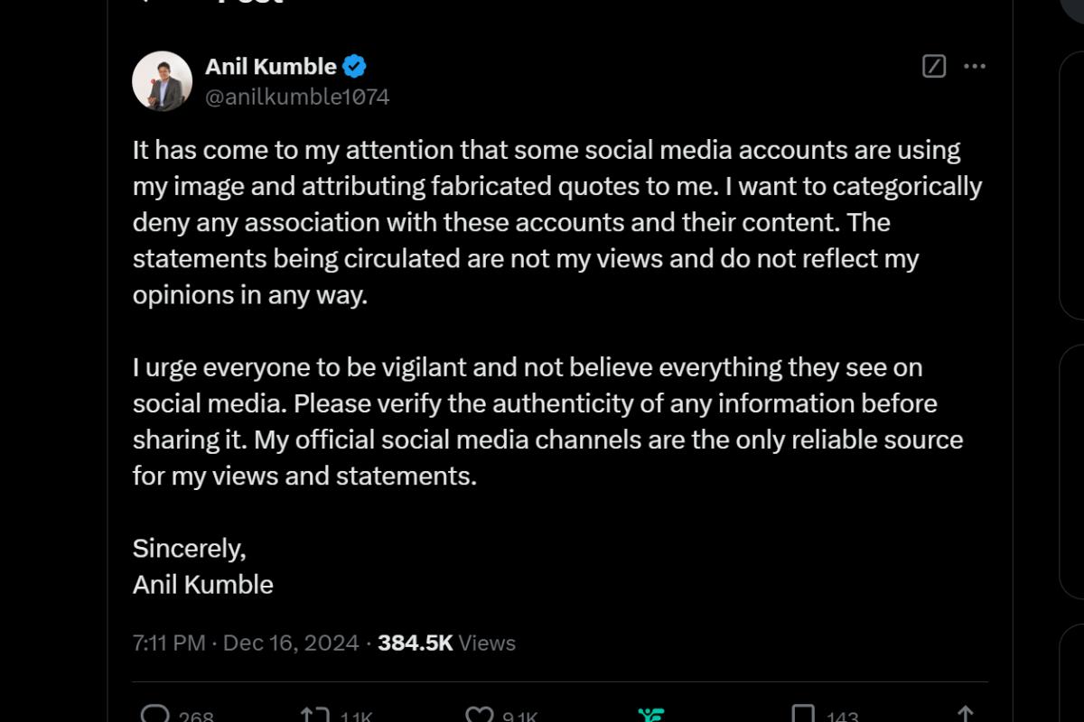 Anil Kumble's tweet