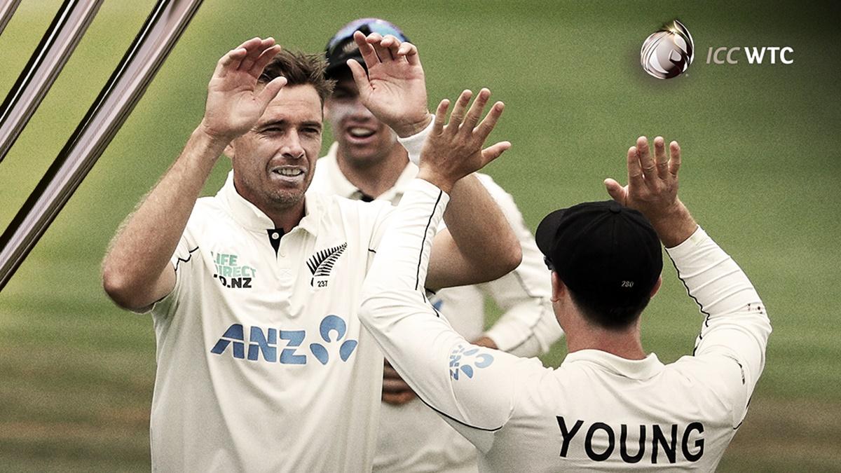 Tim Southee celebrates with Will Young after New Zealand trounce England on the fourth day of the third Test in Hamilton on Tuesday.