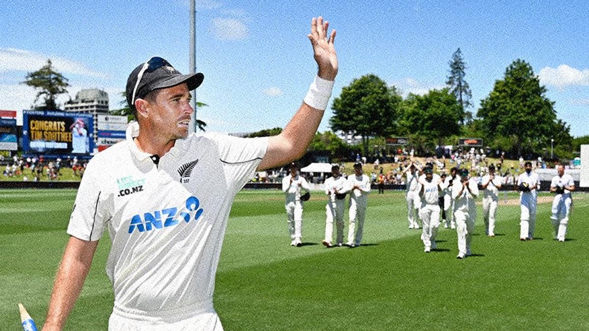 Tim Southee waves to the crowd as he walks back after New Zealand's thumping victory over England on the fourth day of the third Test in Hamilton on Tuesday.