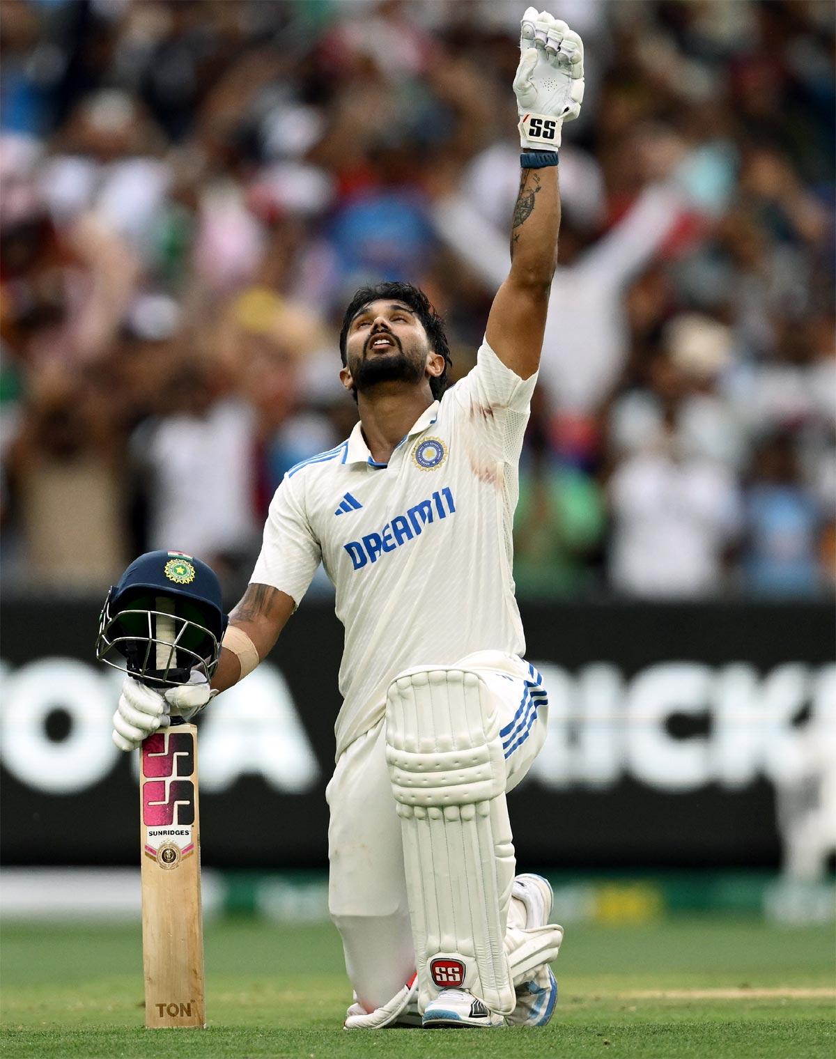 Nitish Reddy celebrates his maiden Test century