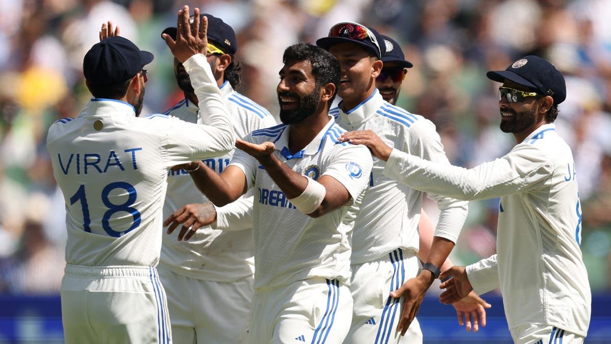 Jasprit Bumrah celebrates with his India teammates after dismissing Australia opener Sam Konstas.