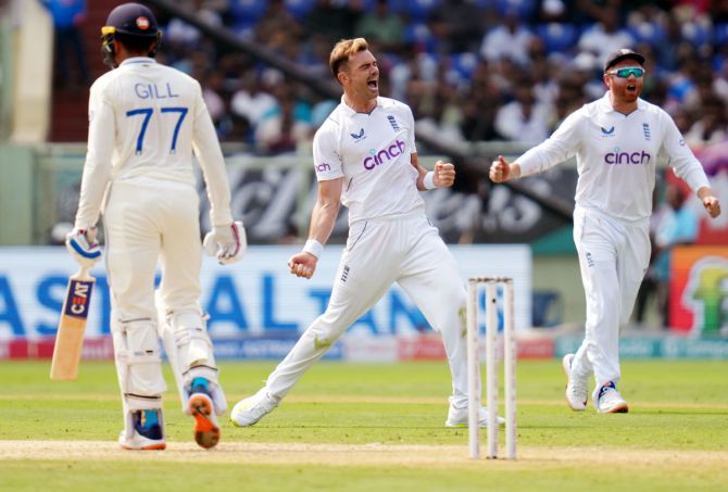James Anderson celebrates the wicket of Shubman Gill