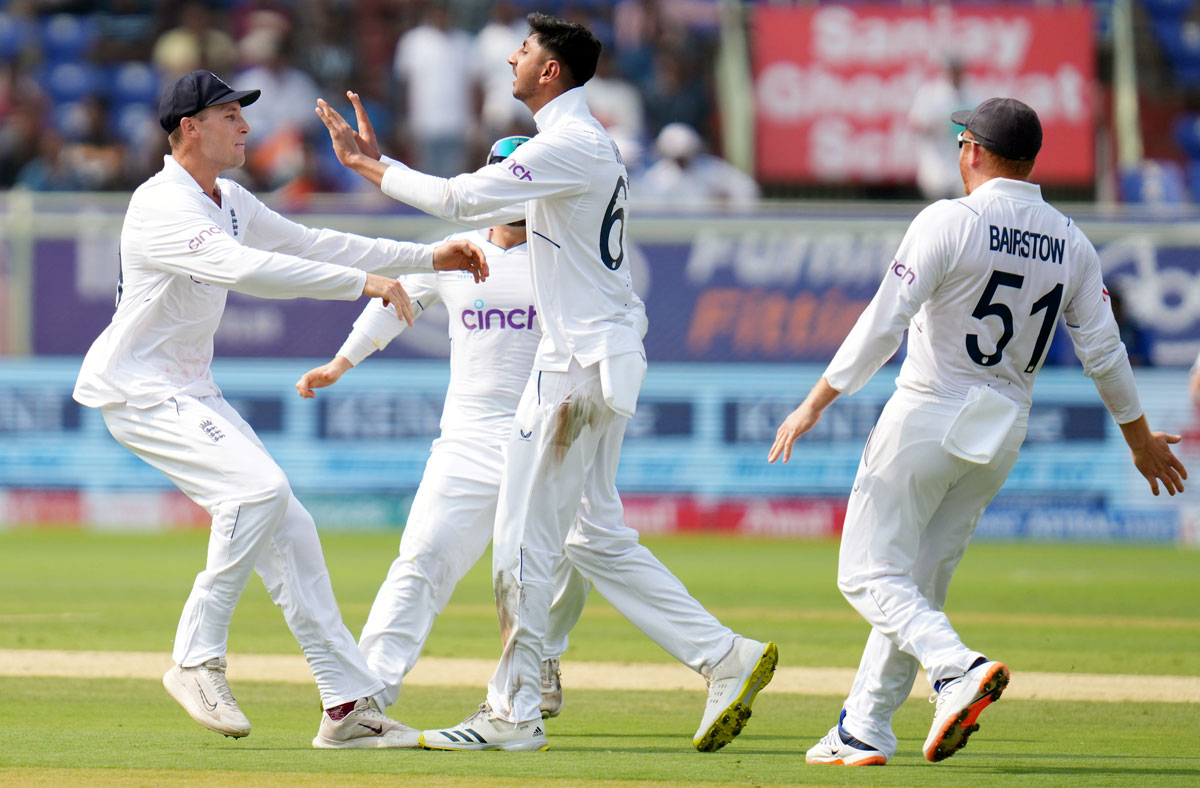 England spinner Shoaib Bashir celebrates on scalping the wicket of Rohit Sharma, his maiden Test wicket