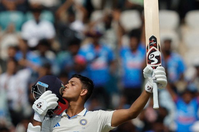 India's Yashasvi Jaiswal celebrates after reaching his century on Day 1 of the 2nd Test against England at the Dr. Y.S. Rajasekhara Reddy ACA-VDCA Cricket Stadium, Visakhapatnam, on Friday