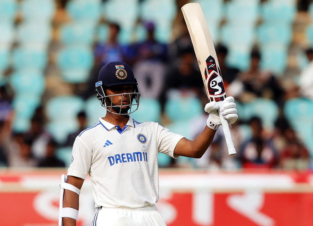 Yashasvi Jaiswal celebrates after completing his 150.