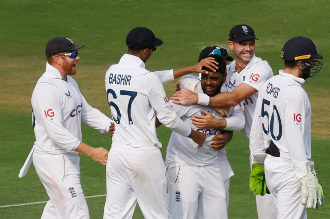 England's Rehan Ahmed celebrates after taking the wicket of India's Rajat Patidar