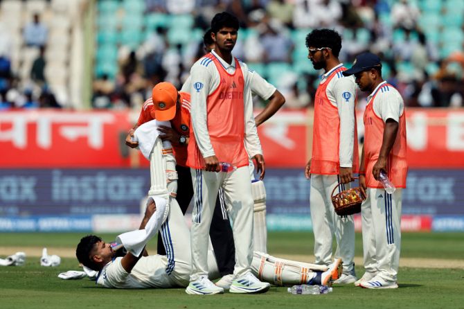 India's Shreyas Iyer receives medical attention on Day 1 of the 2nd Test in Vizag on February 2, 2024