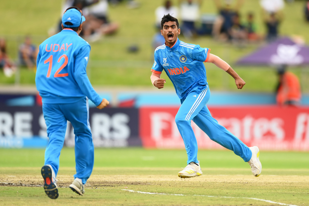 Left-arm pacer Naman Tiwari celebrates a wicket with captain Uday Saharan. Tiwari finished with 12 wickets in the Under-19 World Cup