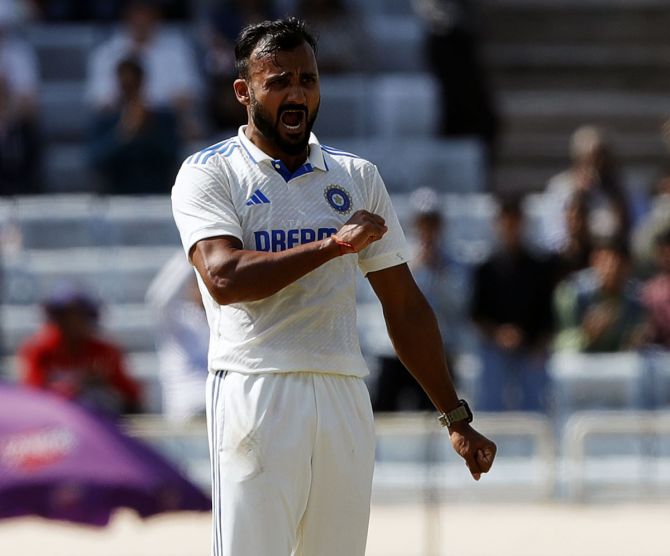 Akash Deep celebrates on taking his maiden Test wicket, having Ben Duckett caught behind