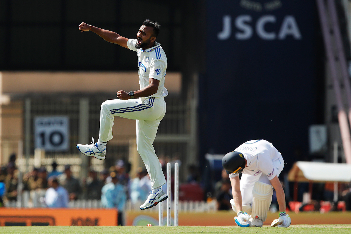 Akash Deep celebrating the wicket of Zak Crawley, his third wicket of the innings