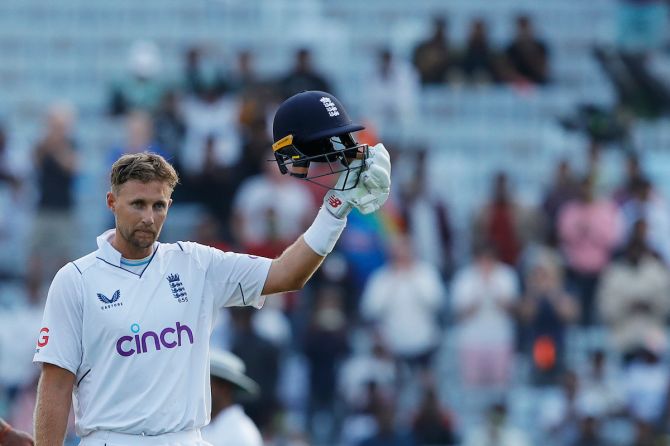 Joe Root celebrates on completing his century, his 10th Test ton against India