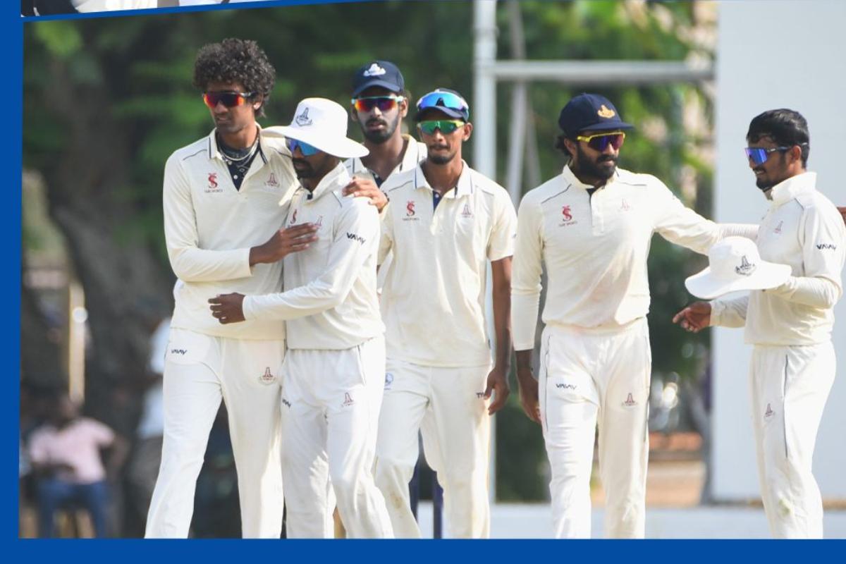 Tamil Nadu players celebrate after defeating Saurashtra to win their Ranji Trophy quarter-final in Coimbatore, on Sunday.