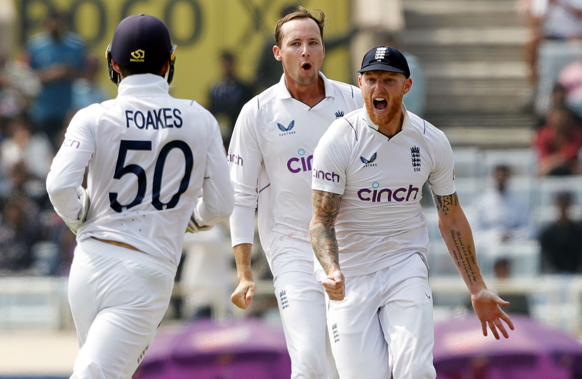 Tom Hartley celebrates with Ben Stokes and Ben Foakes after taking the wicket of Rohit Sharma. England captain Stokes played down the suggestion that Engand have not been ruthless enough in the series