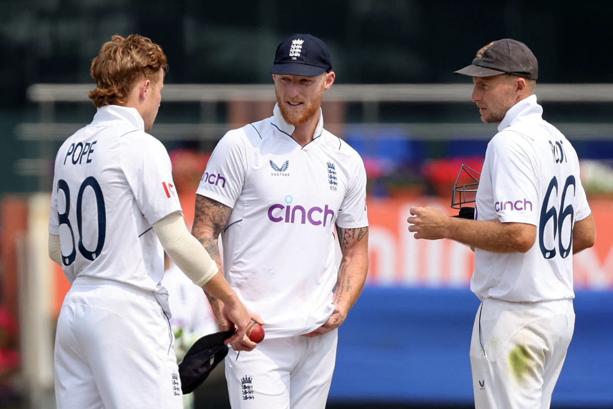 England's Ben Stokes with Joe Root and Ollie Pope. For England, who won the opening Test in Hyderabad and have been competitive as well as entertaining in Visakhapatnam and Ranchi -- it was their first series defeat under captain Ben Stokes and head coach Brendon 'Baz' McCullum.