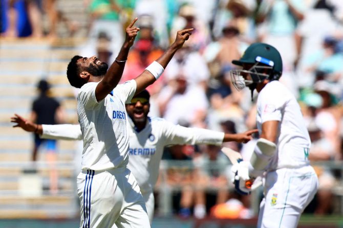 India's Jasprit Bumrah celebrates taking the wicket of South Africa's Keshav Maharaj 