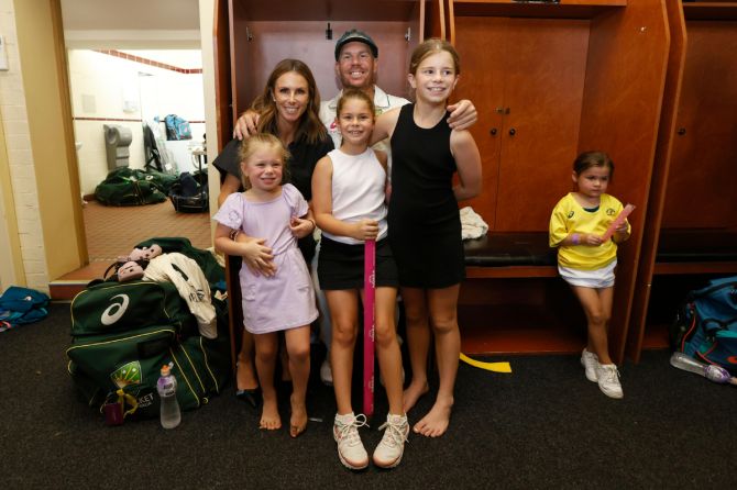 David Warner with wife Candice and daughters Ivy Mae, Indi Rae and Isla Rose in the dressing room