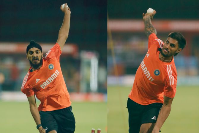 Arshdeep Singh and Tilak Varma role their arms in the nets on Tuesday