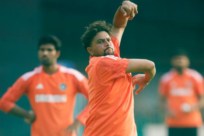 Kuldeep Yadav bowls in the nets during a training session in Bengaluru on Tuesday