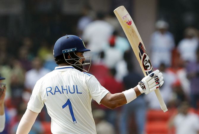 K L Rahul celebrates his half-century during Day 2