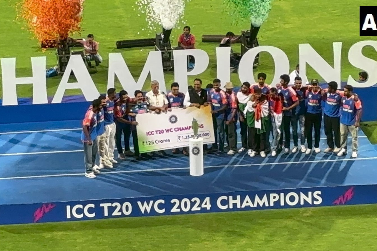 The Indian cricket team at the Wankhede Stadium, following the victory parade on Thursday