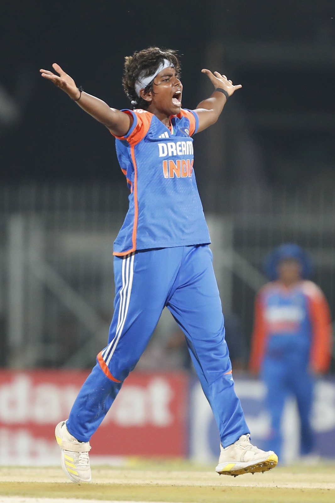 Arundhati Reddy celebrates a wicket during the 3rd T20I against South Africa in Chennai, on Tuesday