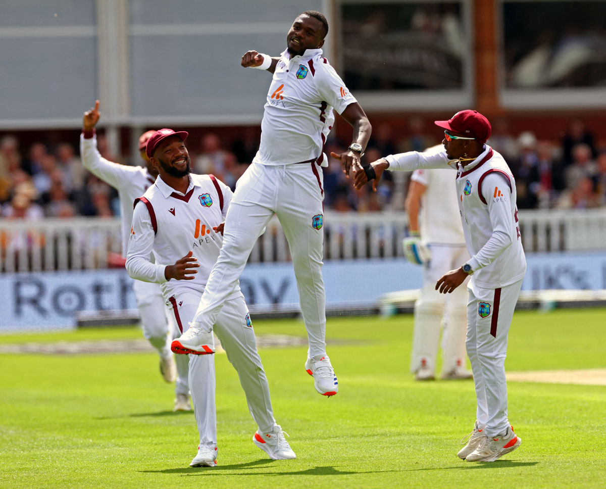 Jayden Seales celebrates taking the wicket of England's Ben Duckett,