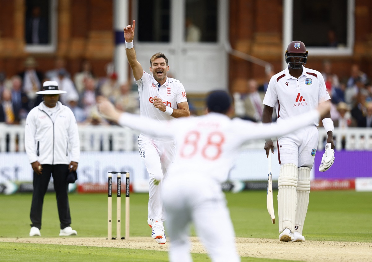 England pacer James Anderson celebrates dismissing Alick Athanaze for his 703rd Test wicket in the West Indies' second innings on Day 2 of the first Test, at Lord's, on Thursday.
