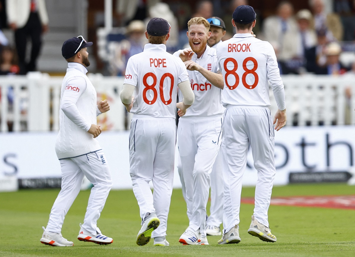 Ben Stokes celebrates with teammates after dismissing West Indies opener Mikyle Louis in the second innings.