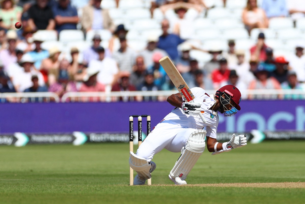 Kraigg Brathwaite evades a bouncer from England pacer Gus Atkinson.