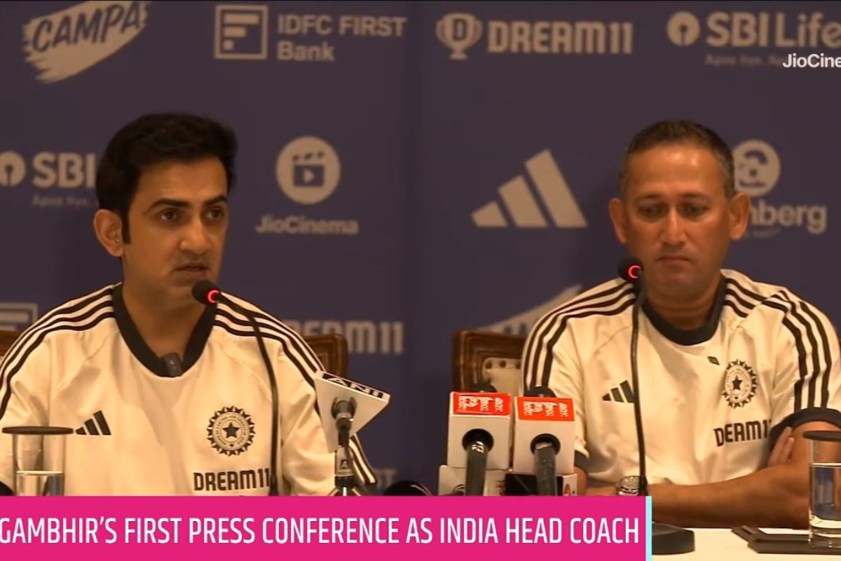 Head Coach Gautam Gambhir and Ajit Agarkar at a press conference in Mumbai, on Monday