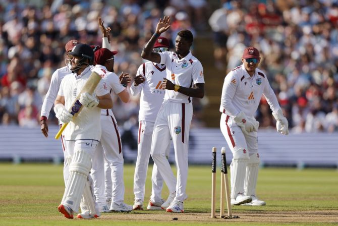 West Indies pacer Alzarri Joseph celebrates with teammates after dismissing England opener Ben Duckett on Day 1 of the third and final Test at Edgbaston Cricket Ground, Birmingham, on Friday.