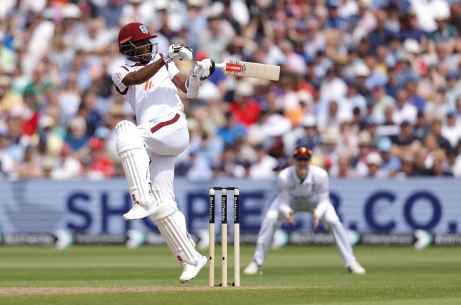 West Indies opener Kraigg Brathwaite hits a four during his knock of 61.