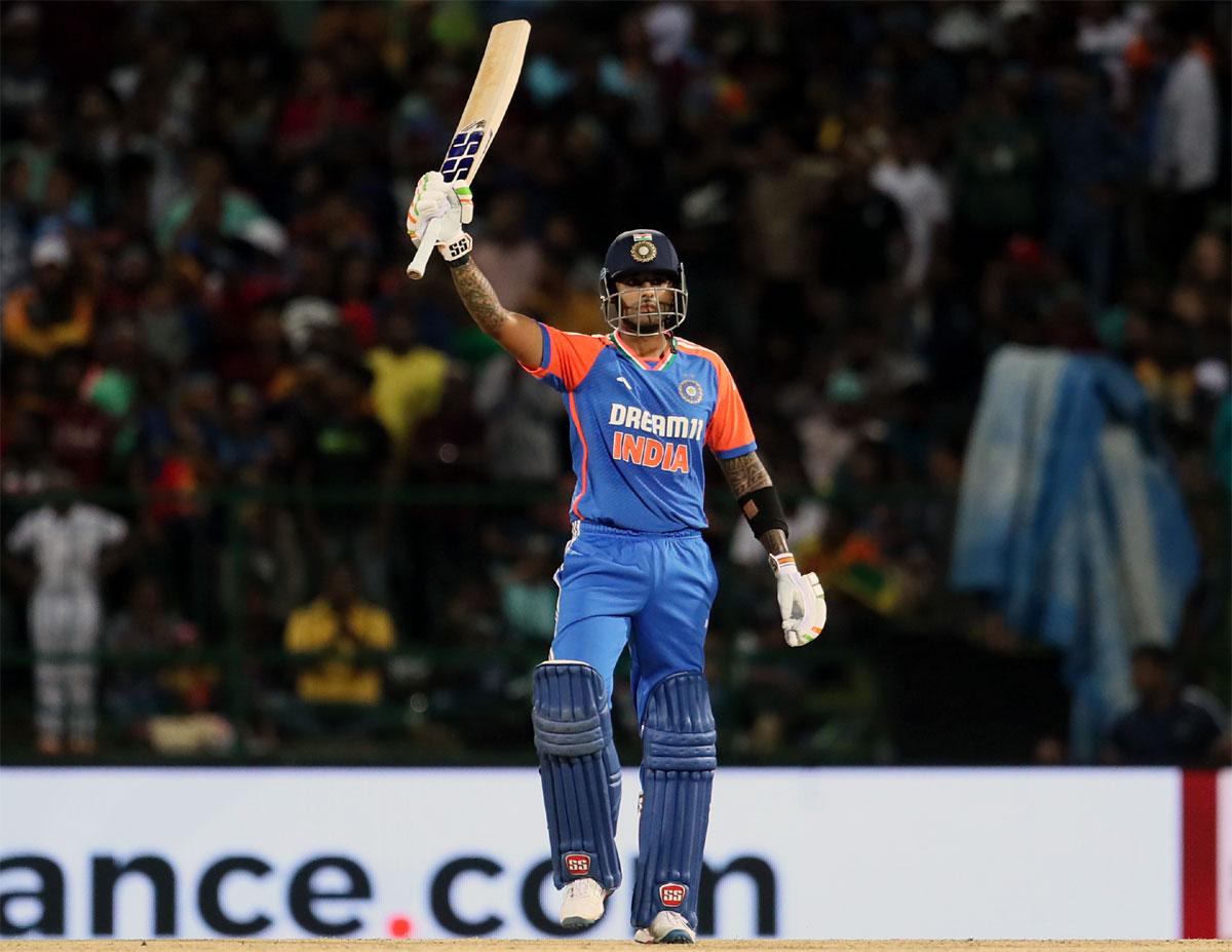 India's skipper Suryakumar Yadav celebrates after completing his 50 during the first T20 International against Sri Lanka in Pallekele on Saturday.