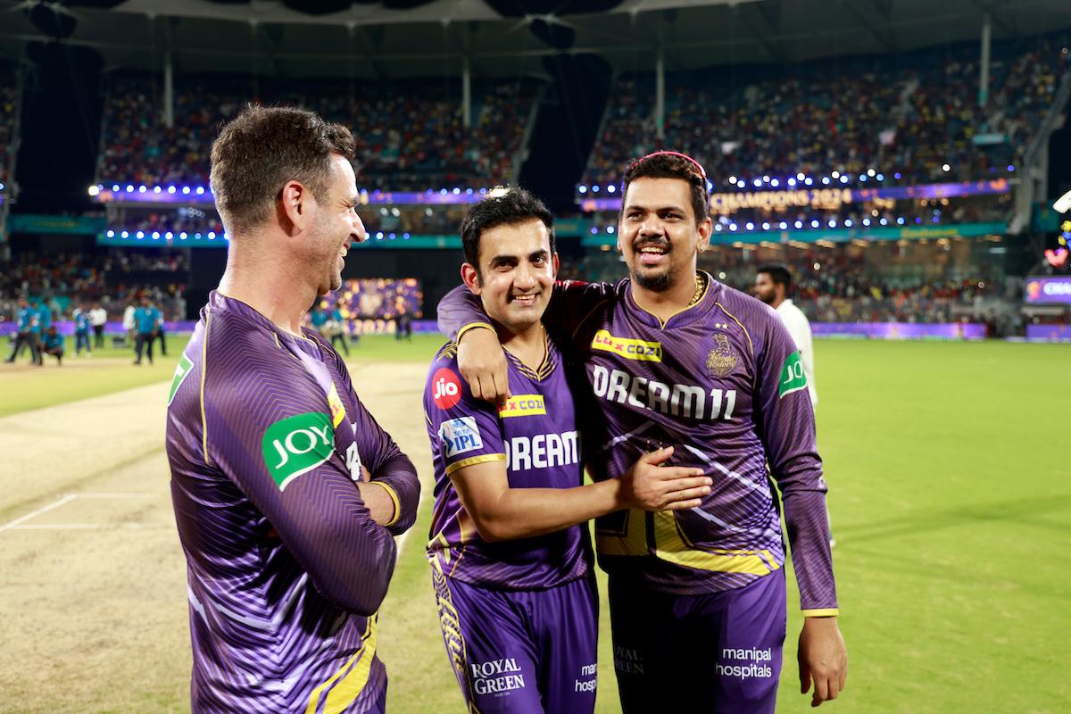 Kolkata Knight Riders mentor Gautam Gambhir and Sunil Narine, the Most Valuable Player of IPL 2024, celebrate after victory over Sunrisers Hyderabad in the final at the MA Chidambaram Stadium, Chennai, on May 26, 2024.