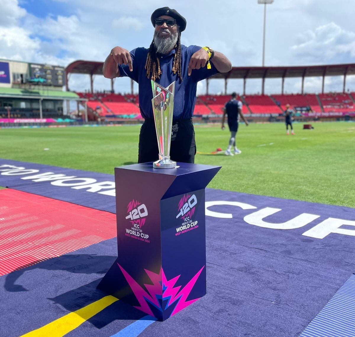 Chris Gayle with the T20 World Cup trophy at Georgetown, Guyana