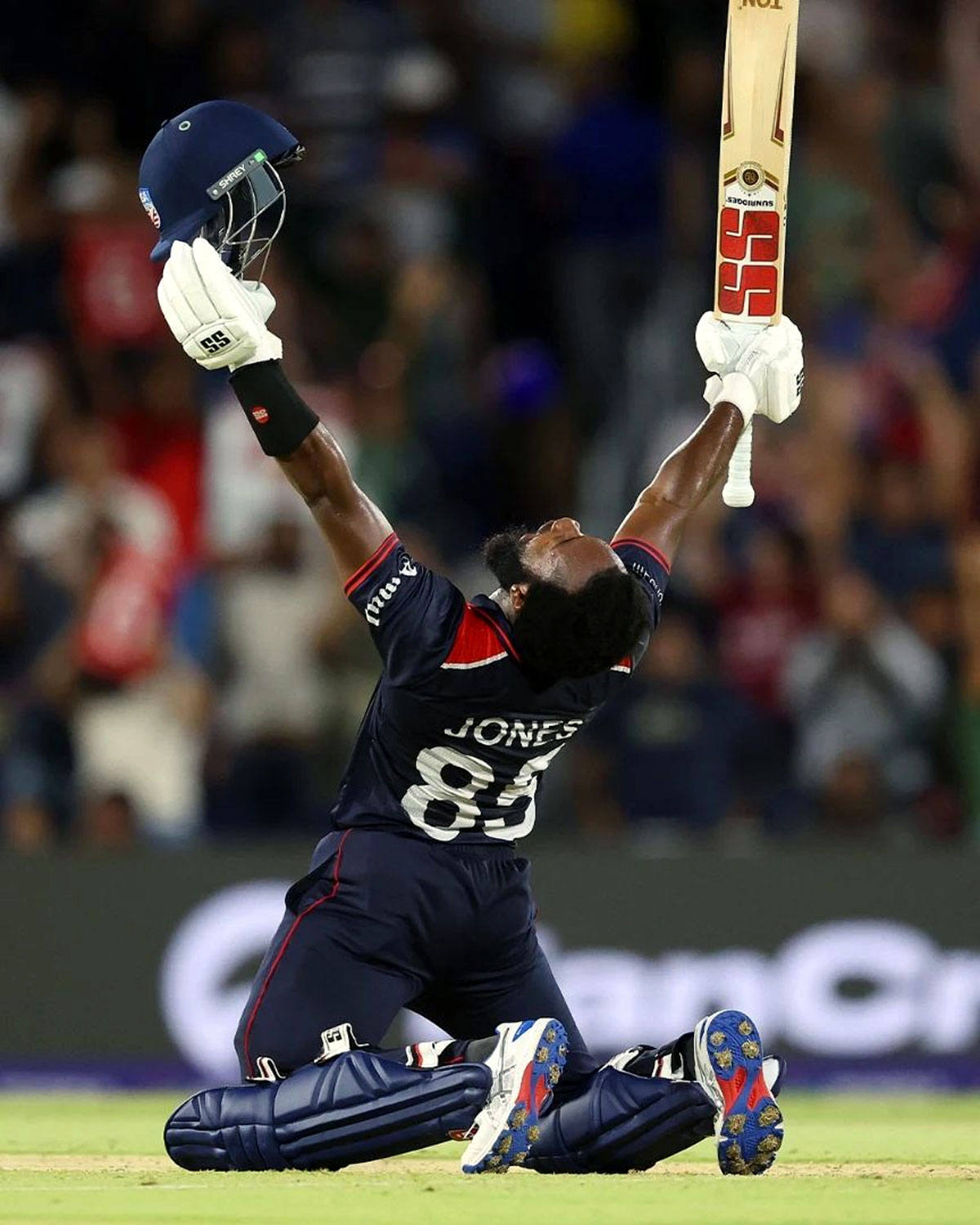 Aaron Jones celebrates after powering the United States of America to an easy victory over Canada in the T20 World Cup opener in Dallas on Saturday.