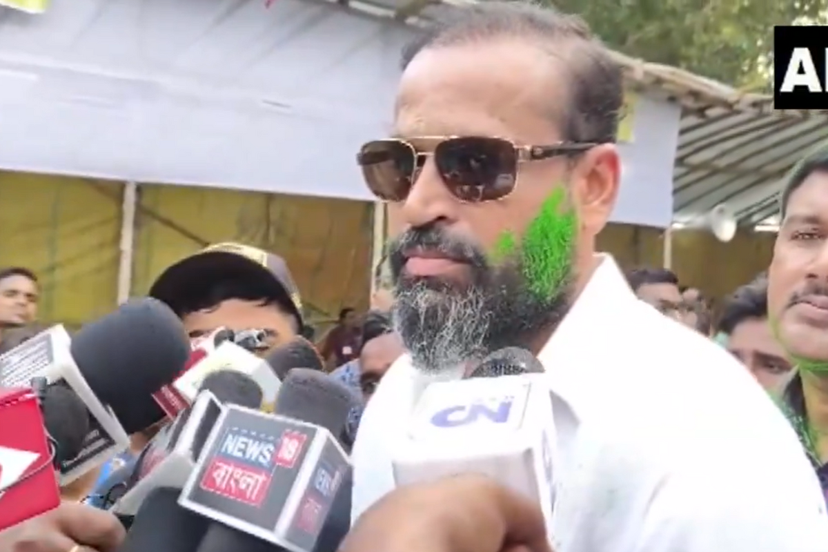 TMC's Yusuf Pathan speaks to the media after his victory from the Behrampur constituency