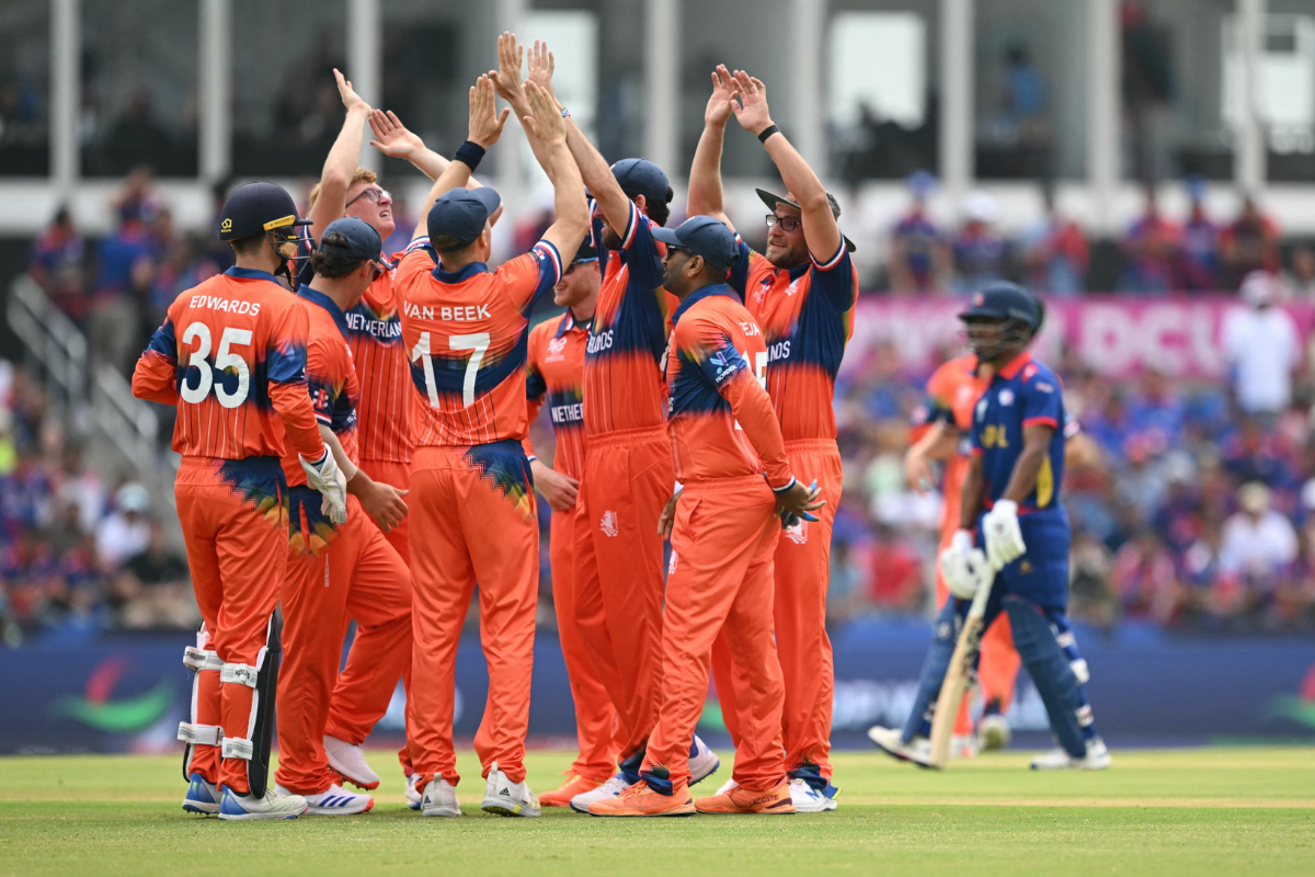 Dutch players celebrate a wicket