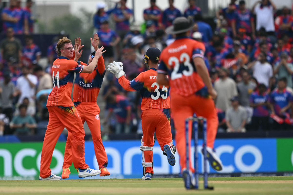 Tim Pringle celebrates a wicket with his teammates