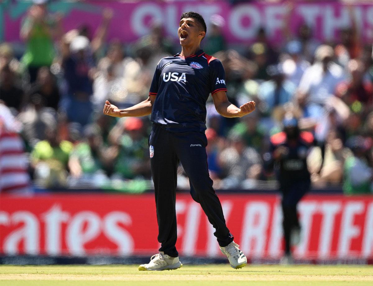 USA spinner Nosthush Kenjige celebrates a wicket 