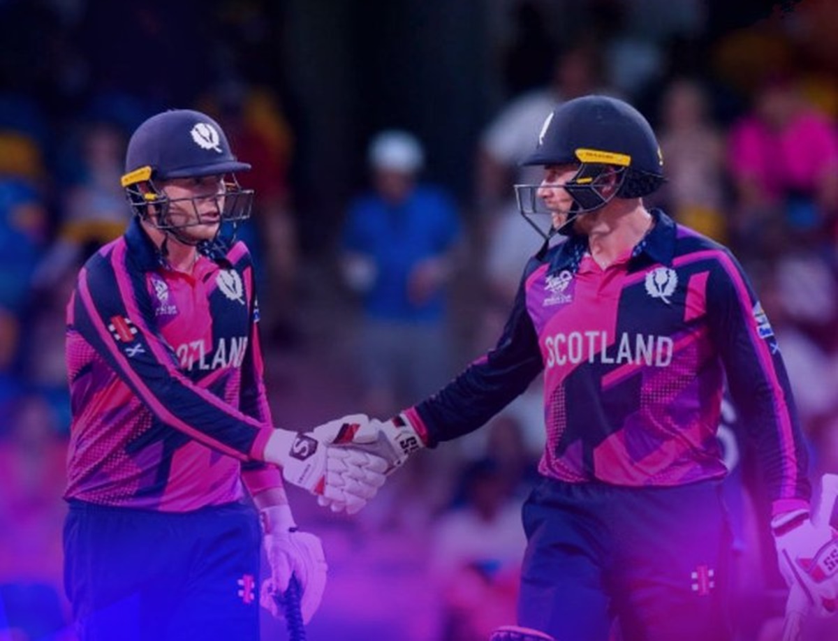 Skipper Richie Berrington and Chris Greaves celebrate after Scotland get over the line in the ICC T20 World Cup Group B match against Namibia in Barbados on Friday.