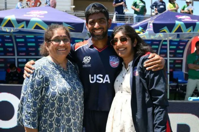 USA cricket team hero Saurabh Netravalkar celebrates with family members after the win against Pakistan on Thursday