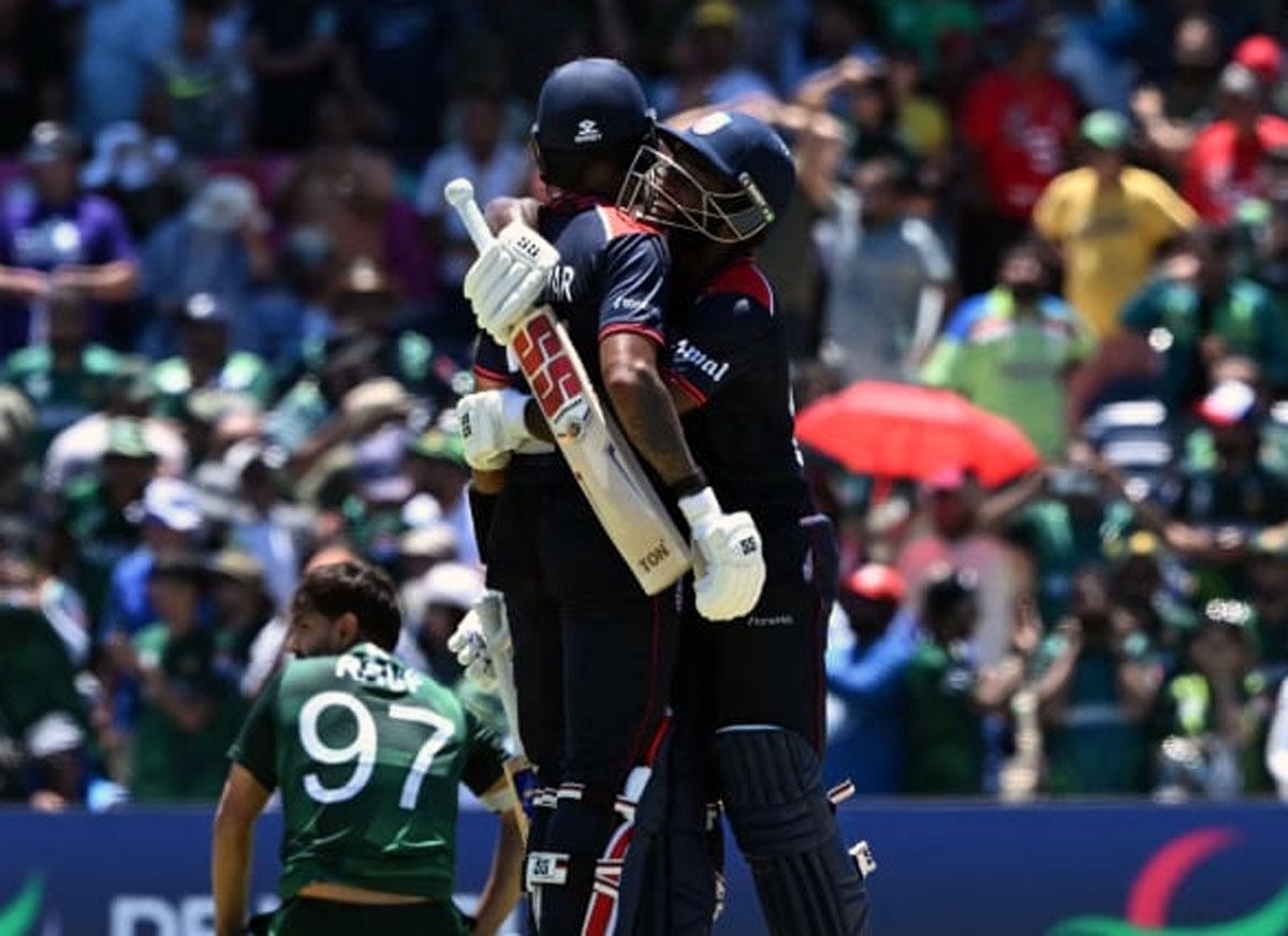 USA's Aaron Jones and Nitish Kumar celebrate during the T20 World Cup match against Pakistan.