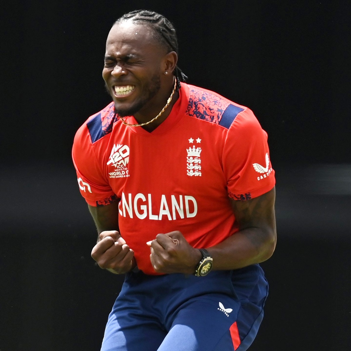 Jofra Archer is ecstatic after having Travis Head clean bowled.