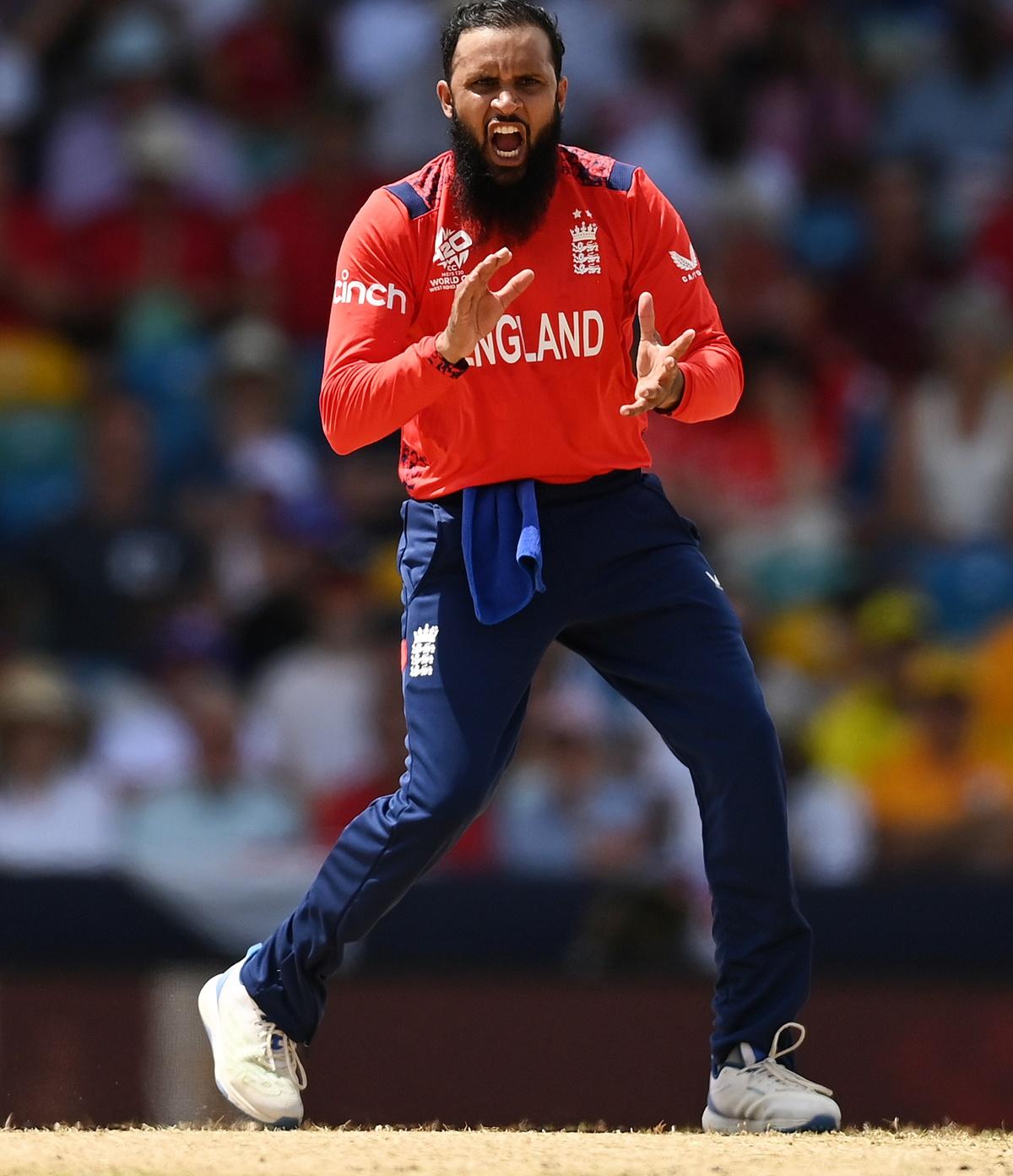 Adil Rashid celebrates dismissing Glenn Maxwell.