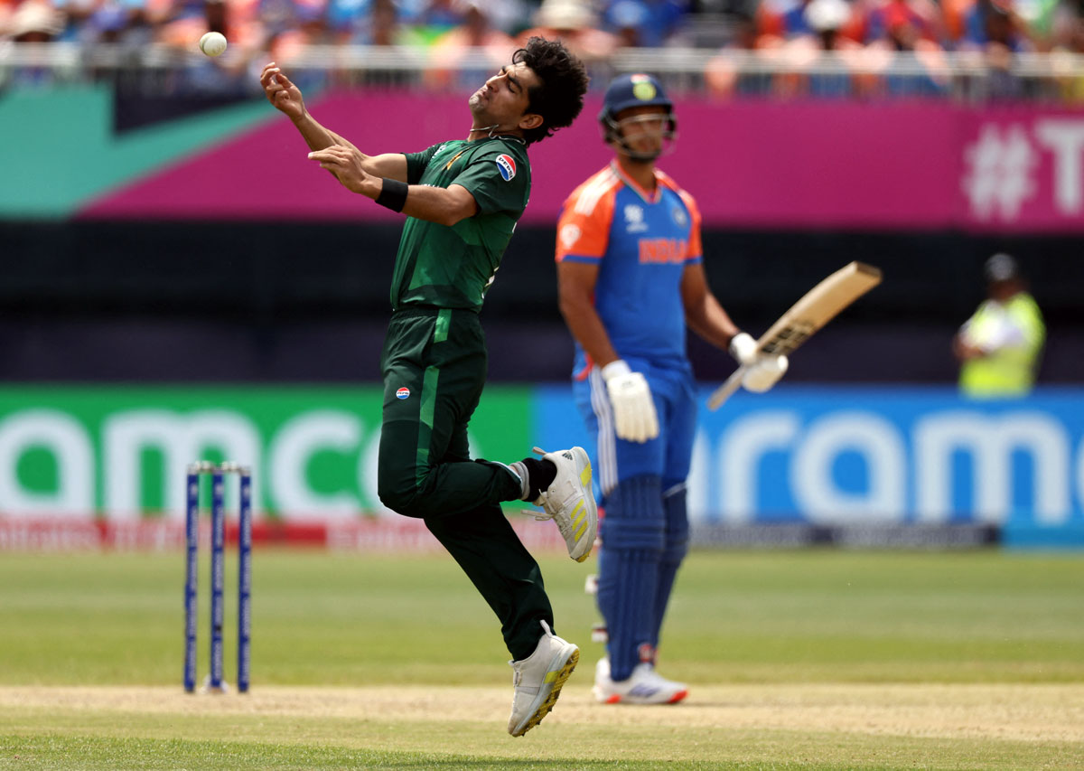 Naseem Shah celebrates after taking the wicket of Shivam Dube 